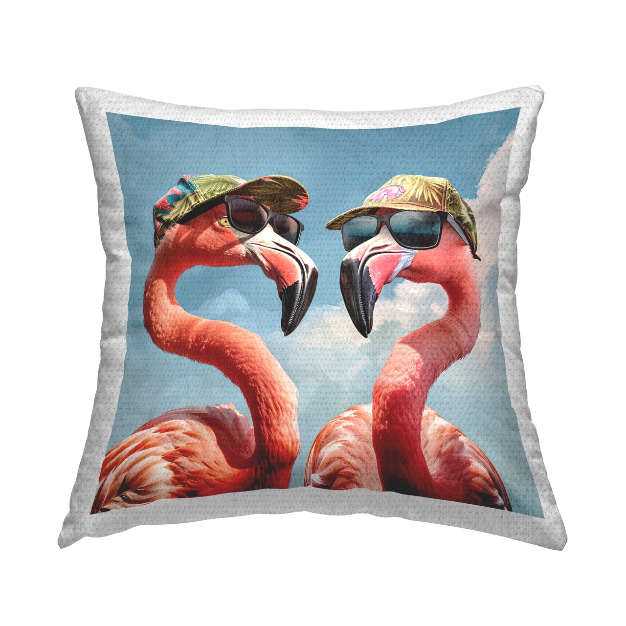 Flamingos with Tropical Hats Outdoor Printed Pillow Design by Jim Baldwin, 18 x 7 x 18